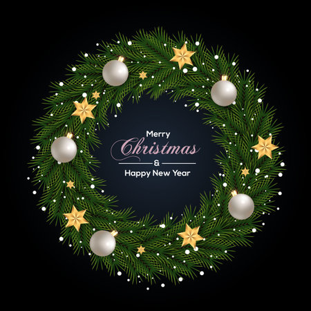 Vector Christmas wreath decoration with pine branch  christmas ball, merry christmas text with garland elements for xmas greeting cardのイラスト素材
