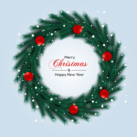 Vector Christmas wreath decoration with pine branch  christmas ball, merry christmas text with garland elements for xmas greeting cardのイラスト素材