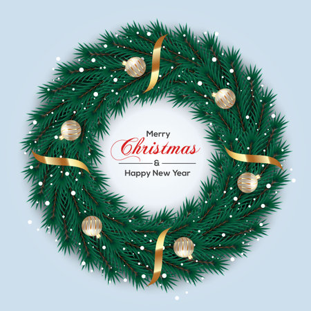 Vector Christmas wreath decoration with pine branch  christmas ball, merry christmas text with garland elements for xmas greeting cardのイラスト素材