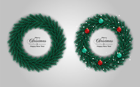 Vector Christmas wreath decoration with pine branch  christmas ball, merry christmas text with garland elements for xmas greeting cardのイラスト素材