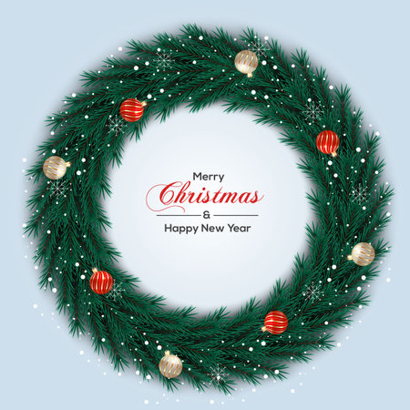 Vector Christmas wreath decoration with pine branch  christmas ball, merry christmas text with garland elements for xmas greeting cardのイラスト素材