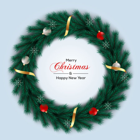Vector Christmas wreath decoration with pine branch  christmas ball, merry christmas text with garland elements for xmas greeting cardのイラスト素材