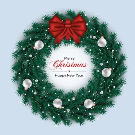 Vector Christmas wreath decoration with pine branch  christmas ball, merry christmas text with garland elements for xmas greeting cardのイラスト素材