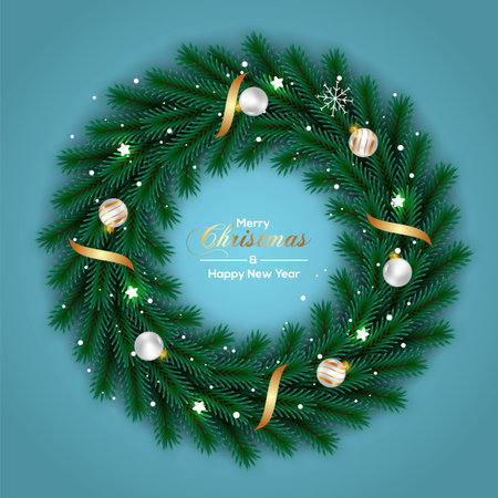 Vector Christmas wreath decoration with pine branch  christmas ball, merry christmas text with garland elements for xmas greeting cardのイラスト素材