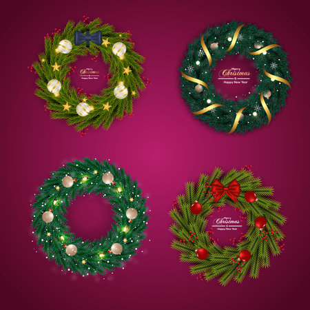 Vector Christmas wreath decoration with pine branch  christmas ball, merry christmas text with garland elements for xmas greeting cardのイラスト素材