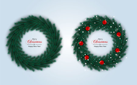 Vector Christmas wreath decoration with pine branch  christmas ball, merry christmas text with garland elements for xmas greeting cardのイラスト素材