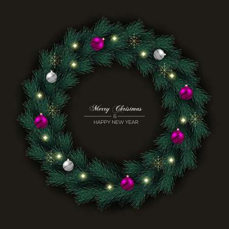 Vector Christmas wreath decoration with pine branch  christmas ball, merry christmas text with garland elements for xmas greeting cardのイラスト素材