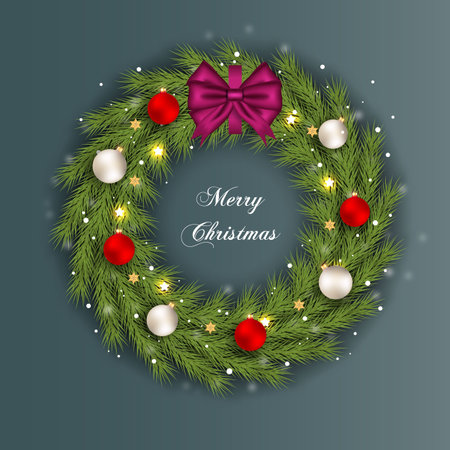 Vector Christmas wreath decoration with pine branch  christmas ball, merry christmas text with garland elements for xmas greeting cardのイラスト素材
