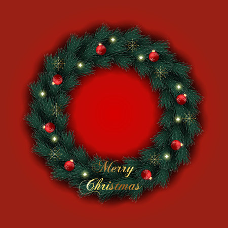 Vector Christmas wreath decoration with pine branch  christmas ball, merry christmas text with garland elements for xmas greeting cardのイラスト素材