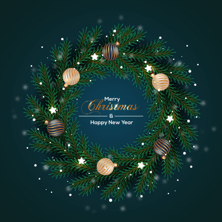Vector Christmas wreath decoration with pine branch  christmas ball, merry christmas text with garland elements for xmas greeting cardのイラスト素材