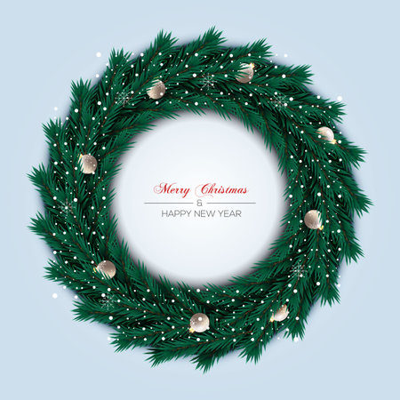 Vector Christmas wreath decoration with pine branch  christmas ball, merry christmas text with garland elements for xmas greeting cardのイラスト素材