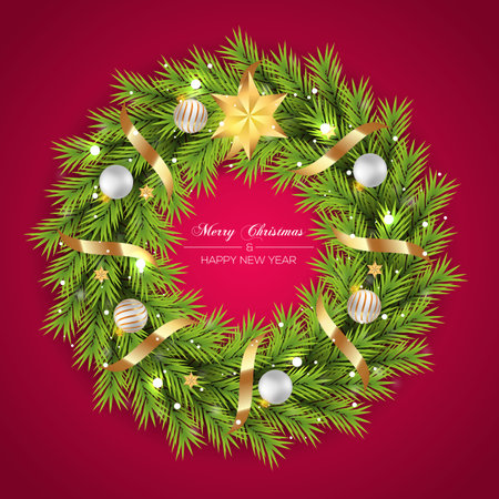 Vector Christmas wreath decoration with pine branch  christmas ball, merry christmas text with garland elements for xmas greeting cardのイラスト素材