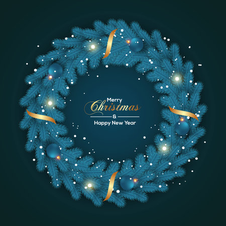 Vector Christmas wreath decoration with pine branch  christmas ball, merry christmas text with garland elements for xmas greeting cardのイラスト素材