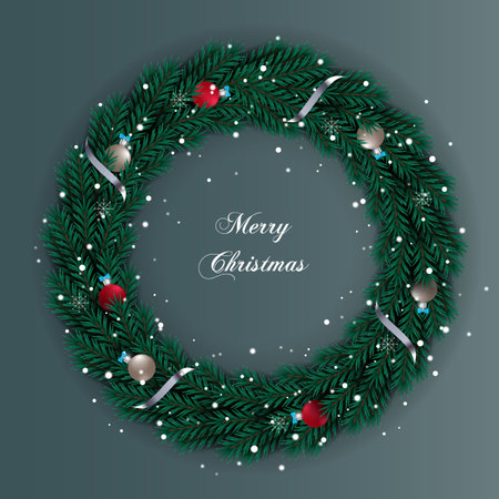 Vector Christmas wreath decoration with pine branch  christmas ball, merry christmas text with garland elements for xmas greeting cardのイラスト素材