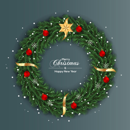 Vector Christmas wreath decoration with pine branch  christmas ball, merry christmas text with garland elements for xmas greeting cardのイラスト素材