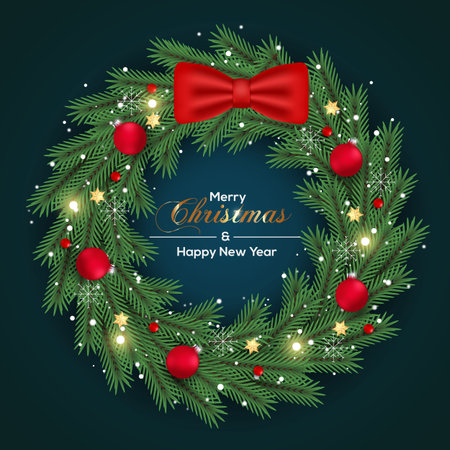 Vector Christmas wreath decoration with pine branch  christmas ball, merry christmas text with garland elements for xmas greeting cardのイラスト素材