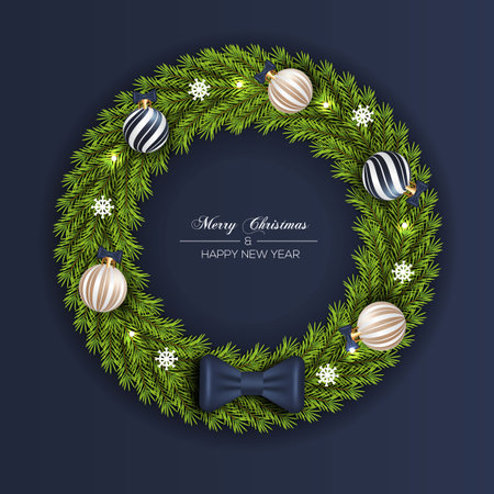 Vector Christmas wreath decoration with pine branch  christmas ball, merry christmas text with garland elements for xmas greeting cardのイラスト素材