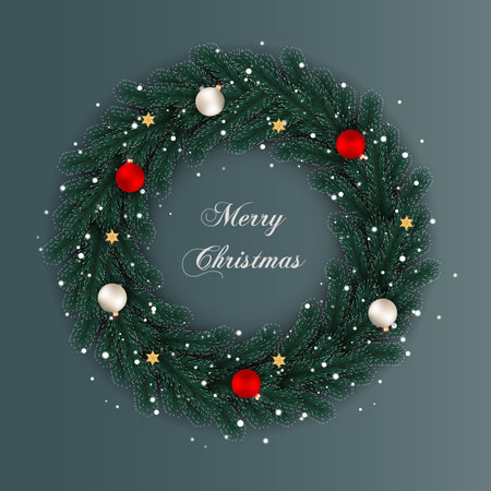 Vector Christmas wreath decoration with pine branch  christmas ball, merry christmas text with garland elements for xmas greeting cardのイラスト素材