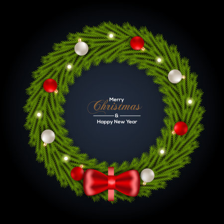 Vector Christmas wreath decoration with pine branch  christmas ball, merry christmas text with garland elements for xmas greeting cardのイラスト素材