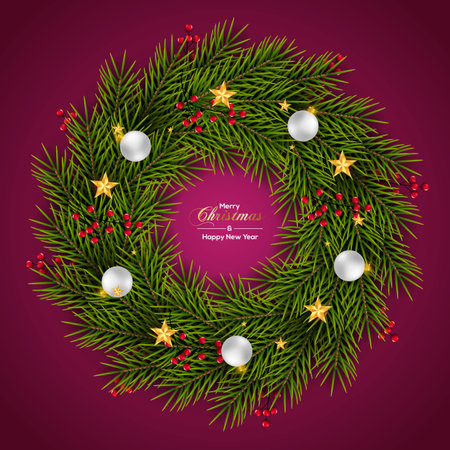 Vector Christmas wreath decoration with pine branch  christmas ball, merry christmas text with garland elements for xmas greeting cardのイラスト素材
