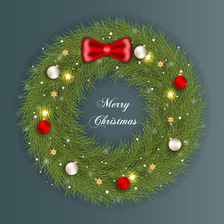 Vector Christmas wreath decoration with pine branch  christmas ball, merry christmas text with garland elements for xmas greeting cardのイラスト素材