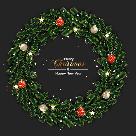 Vector Christmas wreath decoration with pine branch  christmas ball, merry christmas text with garland elements for xmas greeting cardのイラスト素材