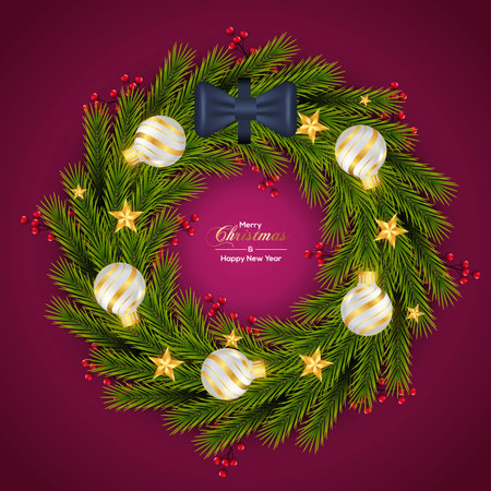 Vector Christmas wreath decoration with pine branch  christmas ball, merry christmas text with garland elements for xmas greeting cardのイラスト素材
