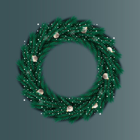 Vector Christmas wreath decoration with pine branch  christmas ball, merry christmas text with garland elements for xmas greeting cardのイラスト素材