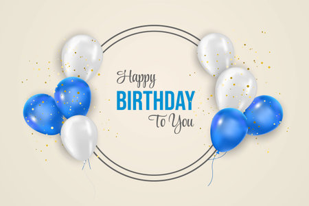 Happy birthday wish illustration with 3d realistic blue  air balloon on white background with text and glitter confettiのイラスト素材