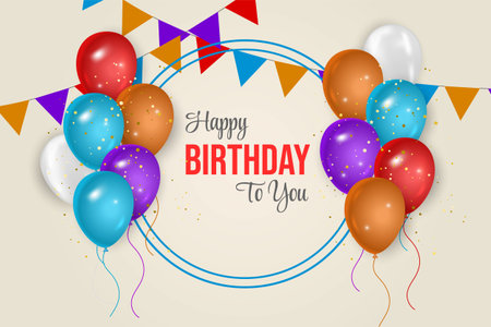 Happy birthday congratulations banner design with color balloons and glossy glitter ribbonのイラスト素材