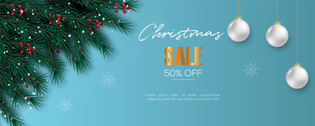 Merry Christmas banner template design with pine branch Christmas ball star and gift box use for greeting cards, posters, headers for websiteのイラスト素材