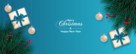 Merry Christmas banner template design with pine branch Christmas ball star and gift box use for greeting cards, posters, headers for websiteのイラスト素材