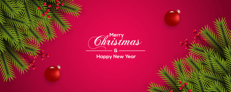 Merry Christmas banner template design with pine branch Christmas ball star and gift box use for greeting cards, posters, headers for websiteのイラスト素材