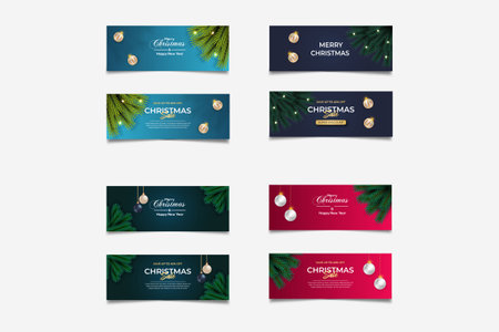 Merry Christmas banner template design with pine branch Christmas ball star and gift box use for greeting cards, posters, headers for websiteのイラスト素材