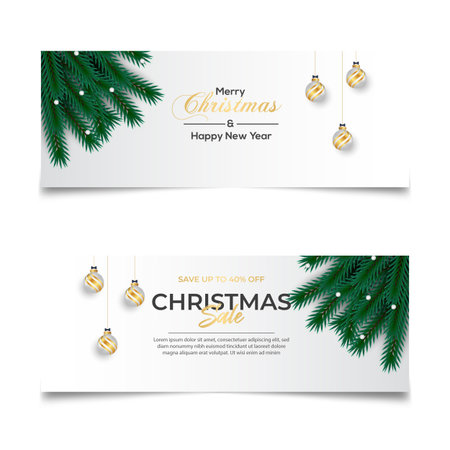Merry Christmas banner template design with pine branch Christmas ball star and gift box use for greeting cards, posters, headers for websiteのイラスト素材
