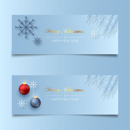 Merry Christmas banner template design with pine branch Christmas ball star and gift box use for greeting cards, posters, headers for websiteのイラスト素材