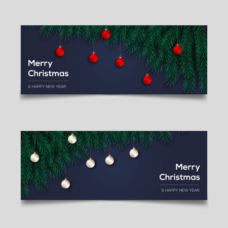 Merry Christmas banner template design with pine branch Christmas ball star and gift box use for greeting cards, posters, headers for websiteのイラスト素材