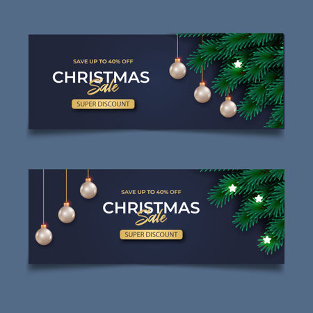 Merry Christmas banner template design with pine branch Christmas ball star and gift box use for greeting cards, posters, headers for websiteのイラスト素材
