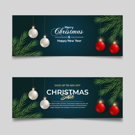 Merry Christmas banner template design with pine branch Christmas ball star and gift box use for greeting cards, posters, headers for websiteのイラスト素材