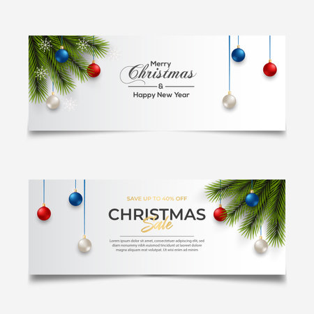 Merry Christmas banner template design with pine branch Christmas ball star and gift box use for greeting cards, posters, headers for websiteのイラスト素材