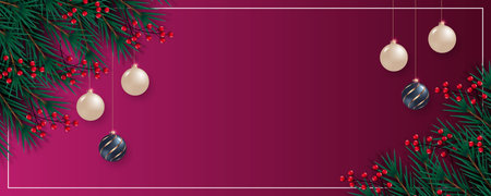 Merry Christmas banner template design with pine branch Christmas ball star and gift box use for greeting cards, posters, headers for websiteのイラスト素材