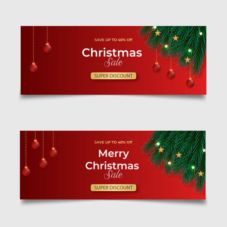 Merry Christmas banner template design with pine branch Christmas ball star and gift box use for greeting cards, posters, headers for websiteのイラスト素材