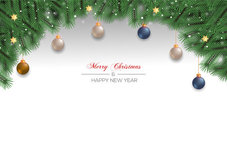 Vector realistic Christmas background decoration with pine branches and Christmas ballのイラスト素材