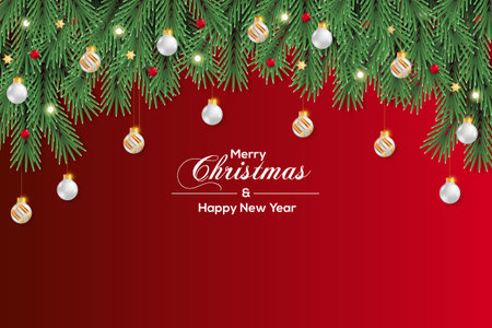 Vector realistic Christmas background decoration with pine branches and Christmas ballのイラスト素材