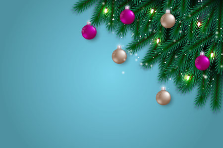 Vector realistic Christmas background decoration with pine branches and Christmas ballのイラスト素材