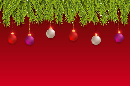 Vector realistic Christmas background decoration with pine branches and Christmas ballのイラスト素材
