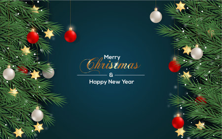 Vector realistic Christmas background decoration with pine branches and Christmas ballのイラスト素材