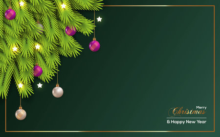Vector realistic Christmas background decoration with pine branches and Christmas ballのイラスト素材