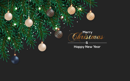 Vector realistic Christmas background decoration with pine branches and Christmas ballのイラスト素材