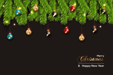 Vector realistic Christmas background decoration with pine branches and Christmas ballのイラスト素材